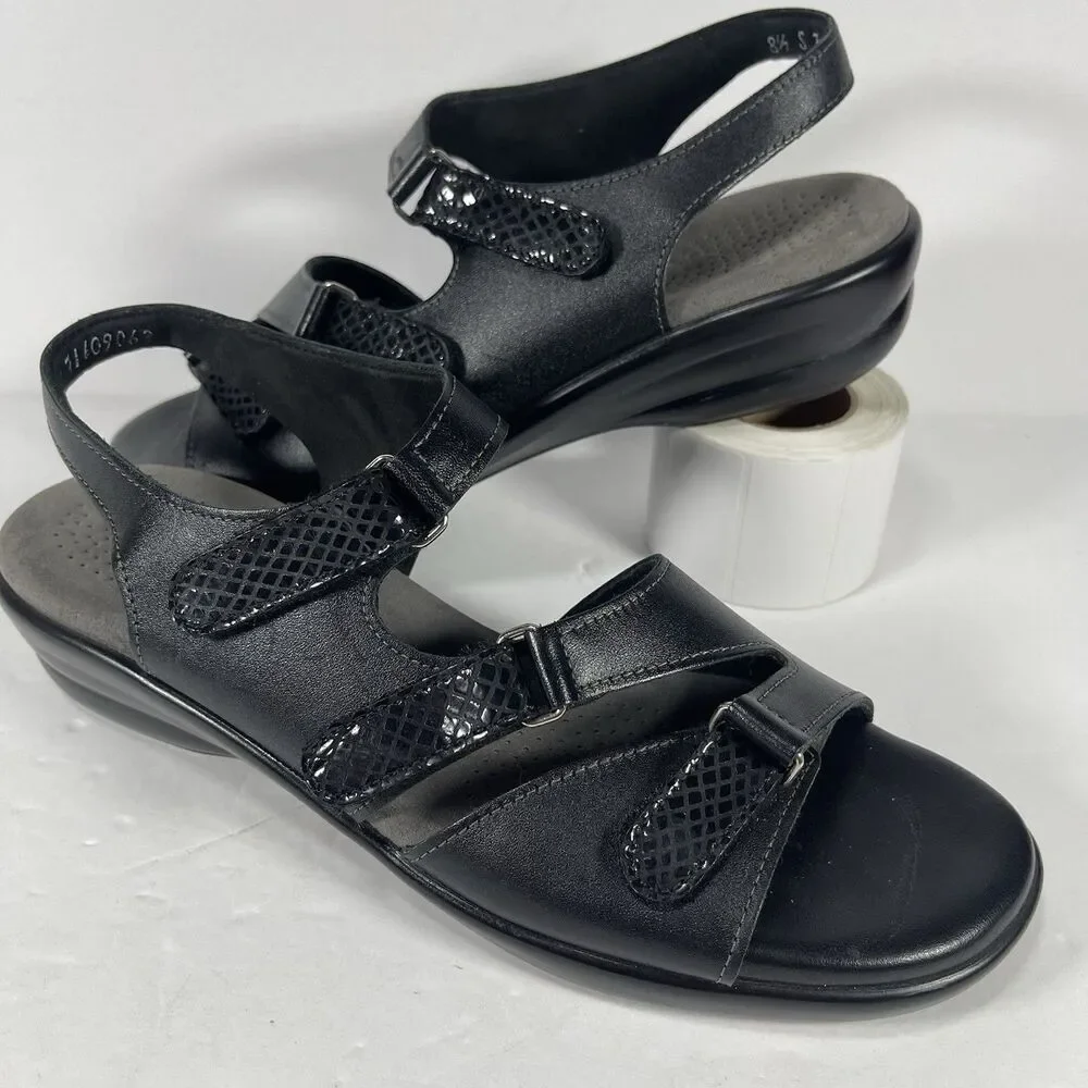 SAS Duo Women’s Black Leather Comfort Sandals Triple Strap Slides Size 8.5